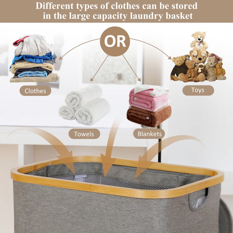 iEGrow Laundry Hamper with Lid, 110L Large Laundry Hamper with Handle and Lid, Collapsible Clothes Basket Organizer with Removable Inner Bag for Clothes Toys Towels - Grey - Image 4
